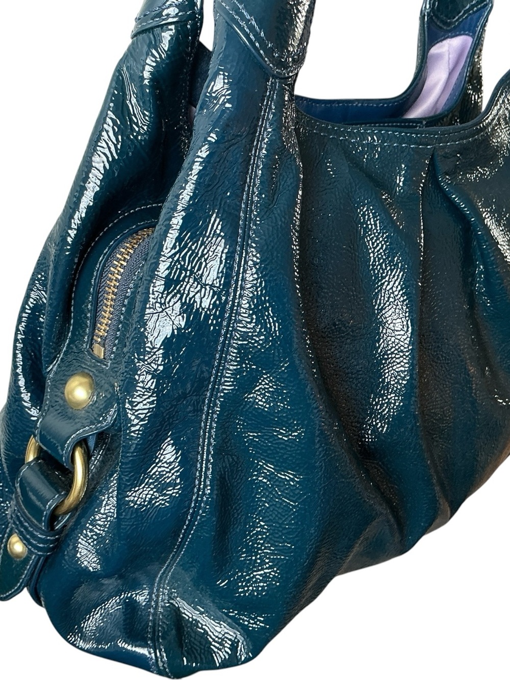 Coach Maggie Teal Blue Patent Leather Pleated Hobo Shoulder Bag 13900 - Picture 3 of 16